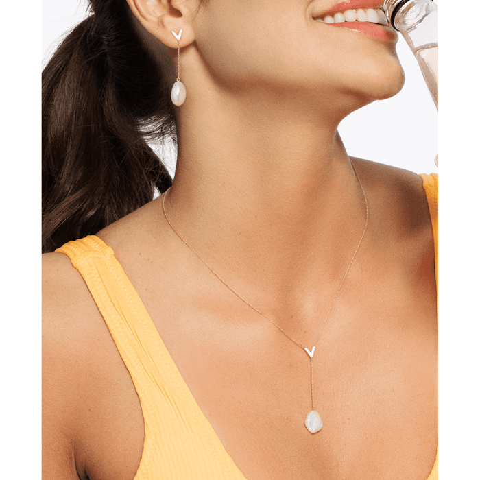 14K Yellow Gold Cultured Pearl Cable V - Shape Lariat Necklace (Solid Links) 16" - 18" Adjustable - WJD Exclusives