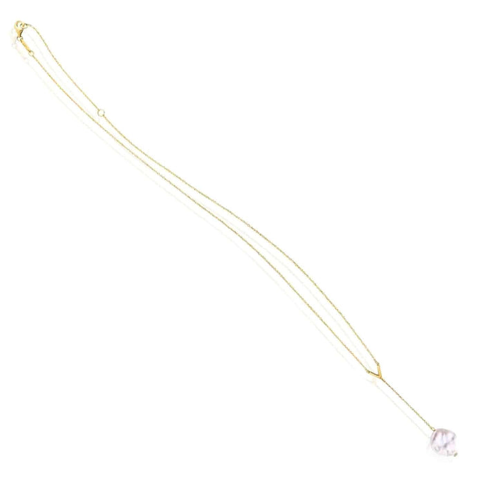 14K Yellow Gold Cultured Pearl Cable V - Shape Lariat Necklace (Solid Links) 16" - 18" Adjustable - WJD Exclusives
