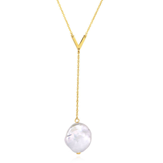 14K Real Gold Cultured Pearl Pendant Cable V-Shape Lariat Necklace 16"-18" Adj
