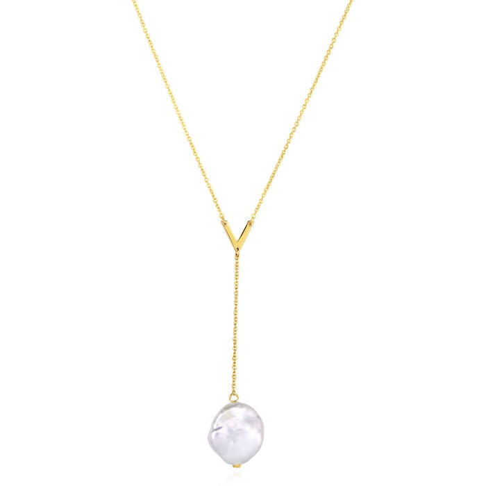 14K Yellow Gold Cultured Pearl Cable V - Shape Lariat Necklace (Solid Links) 16" - 18" Adjustable - WJD Exclusives