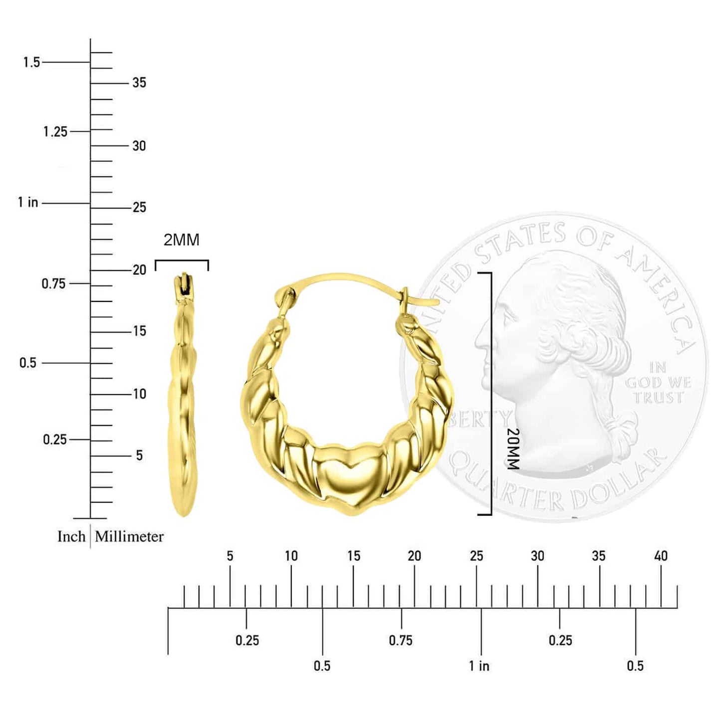 14K Real Gold Love Heart Hoop Earrings 20mm