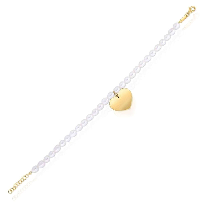 14K Yellow Gold Cultured Pearl Strand Heart Charm Bracelet (Solid Links) 7.25" - 8" Adjustable - WJD Exclusives