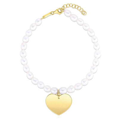 14K Yellow Gold Cultured Pearl Strand Heart Charm Bracelet (Solid Links) 7.25" - 8" Adjustable - WJD Exclusives