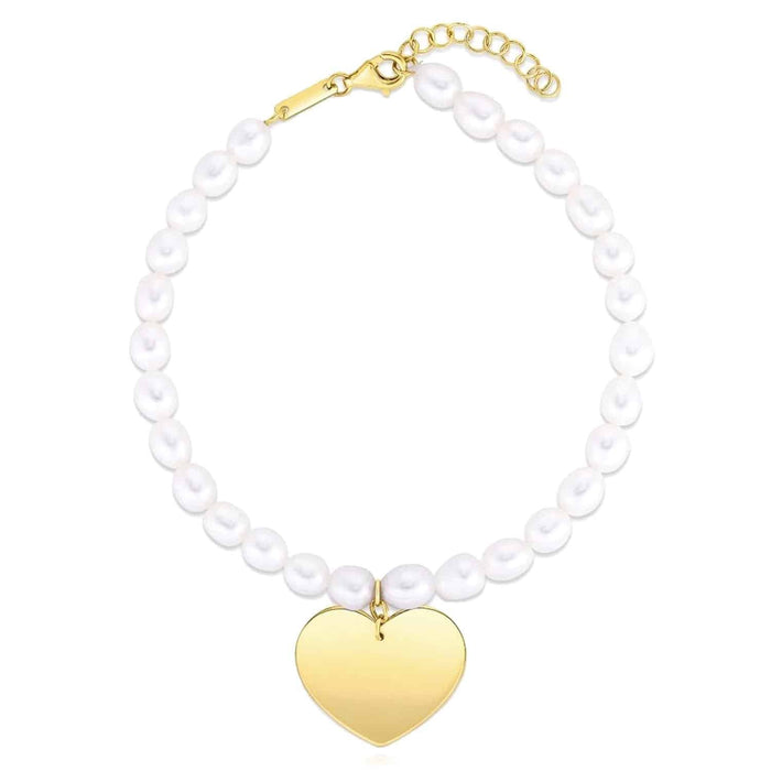 14K Yellow Gold Cultured Pearl Strand Heart Charm Bracelet (Solid Links) 7.25" - 8" Adjustable - WJD Exclusives