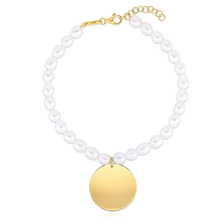14K Yellow Gold Cultured Pearls Strand Round Charm Bracelet (Solid Links) 7.25" - 8" Adjustable - WJD Exclusives