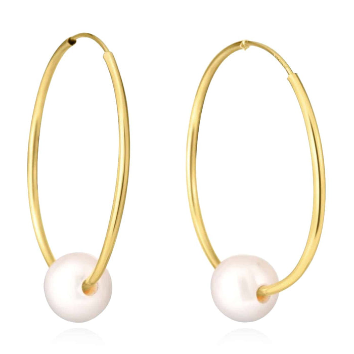 14K Gold Cultured Pearl Hinged Hoop Earrings 15mm - 25mm - WJD Exclusives