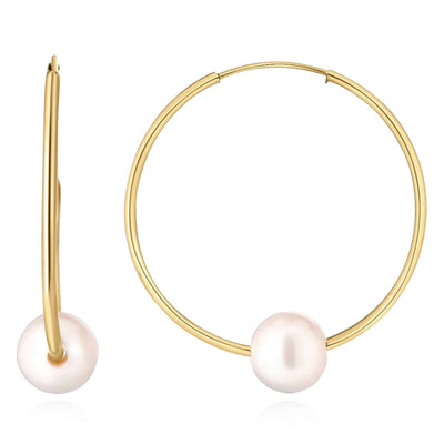14K Gold Cultured Pearl Hinged Hoop Earrings 15mm - 25mm - WJD Exclusives