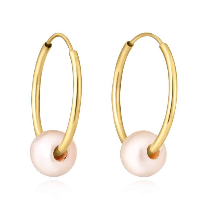 14K Gold Cultured Pearl Hinged Hoop Earrings 15mm - 25mm - WJD Exclusives
