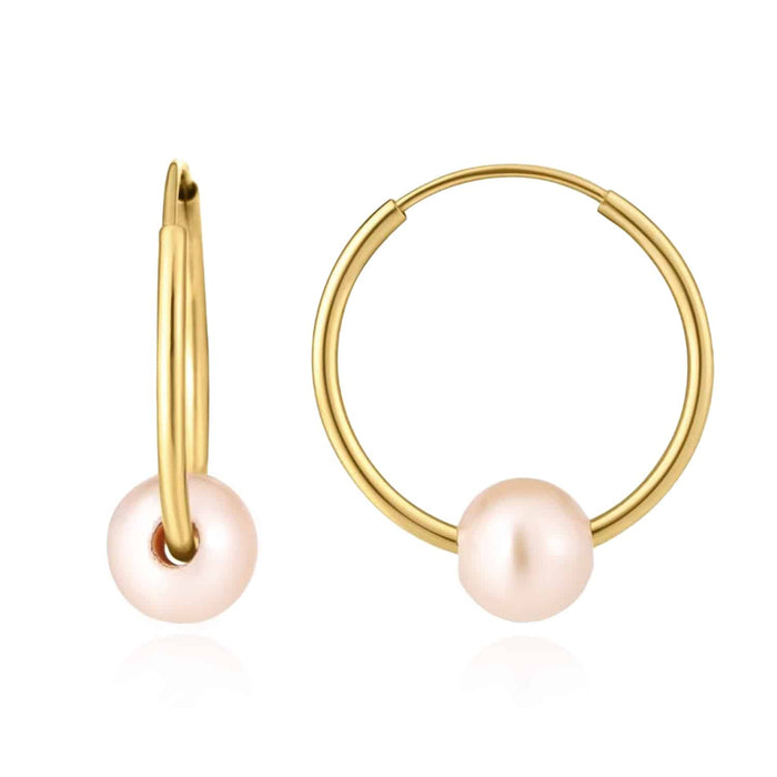 14K Gold Cultured Pearl Hinged Hoop Earrings 15mm - 25mm - WJD Exclusives