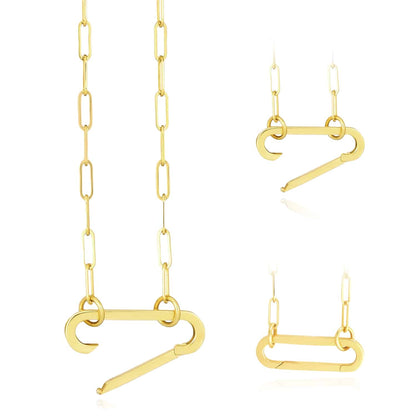 14K Real Gold Open Close Safety Pin Pendant Paperclip Chain Necklace 18"