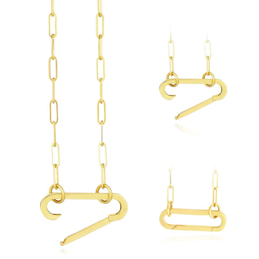 14K Real Gold Open Close Safety Pin Pendant Paperclip Chain Necklace 18"