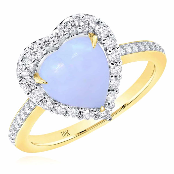 0.35CTW Natural Diamond 10K Yellow Gold Real Opal Cocktail Heart Ring - WJD Exclusives