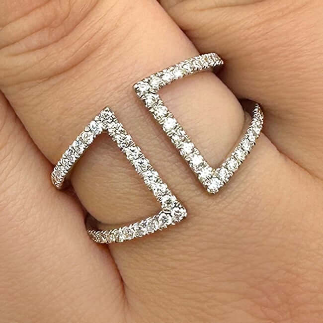 0.50CTW Natural Diamond 14K White Gold Bridge Connected Dual Band Ring - WJD Exclusives