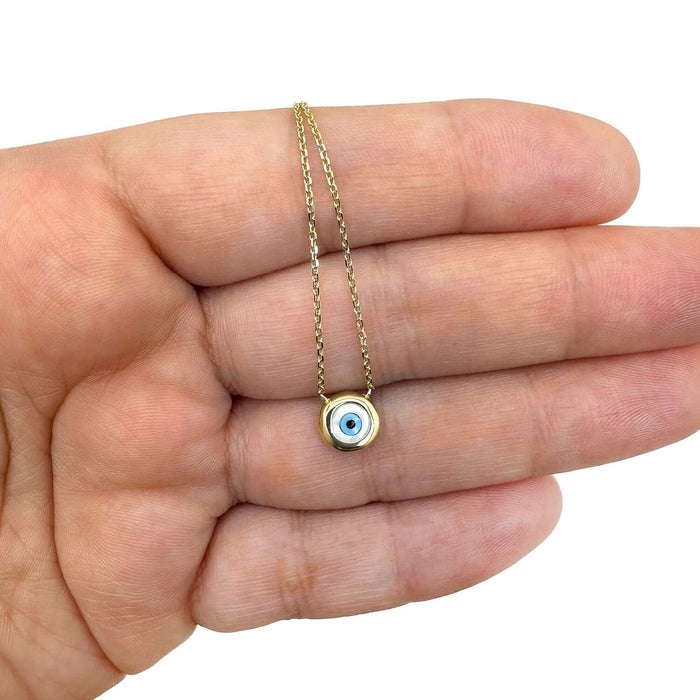 14K Yellow Gold Round Halo Cultured Pearl Evil Eye Necklace (Solid Links) 16" - 18" Adjustable - WJD Exclusives