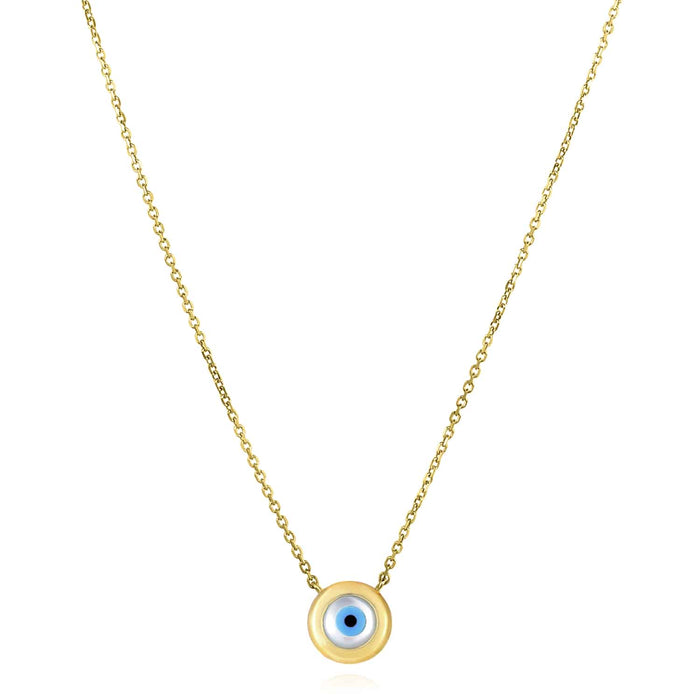 14K Yellow Gold Round Halo Cultured Pearl Evil Eye Necklace (Solid Links) 16" - 18" Adjustable - WJD Exclusives