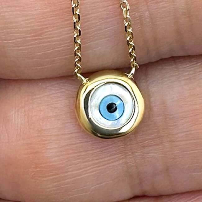 14K Yellow Gold Round Halo Cultured Pearl Evil Eye Necklace (Solid Links) 16" - 18" Adjustable - WJD Exclusives
