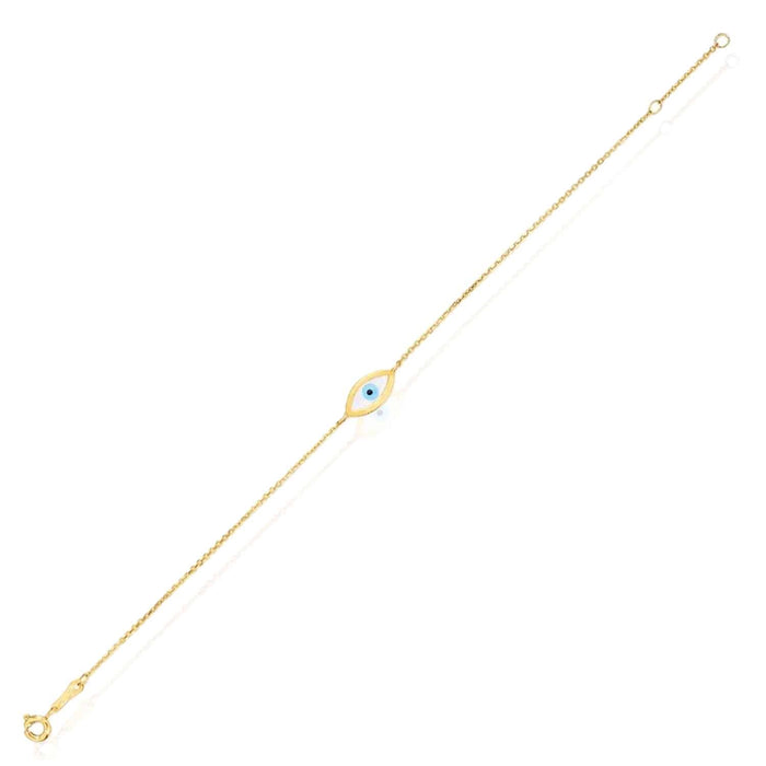 14K Yellow Gold Round Halo Cultured Pearl Evil Eye Bracelet (Solid Links) 6.25" - 7" Adjustable - WJD Exclusives
