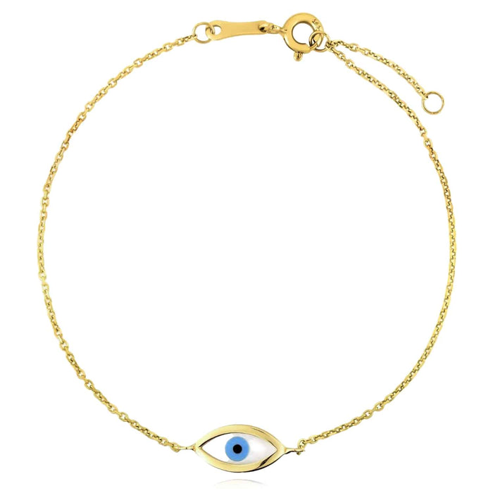 14K Yellow Gold Round Halo Cultured Pearl Evil Eye Bracelet (Solid Links) 6.25" - 7" Adjustable - WJD Exclusives
