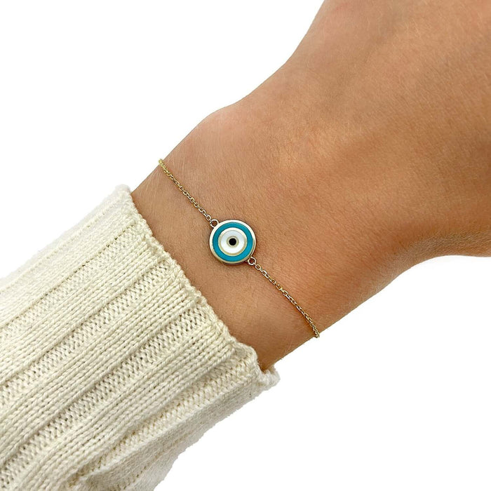 14K Yellow Gold Round Evil Eye Bracelet Pink Love Blue Serenity (Solid Links) 6.25" - 7" Adjustable - WJD Exclusives