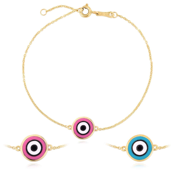 14K Yellow Gold Round Evil Eye Bracelet Pink Love Blue Serenity (Solid Links) 6.25" - 7" Adjustable - WJD Exclusives
