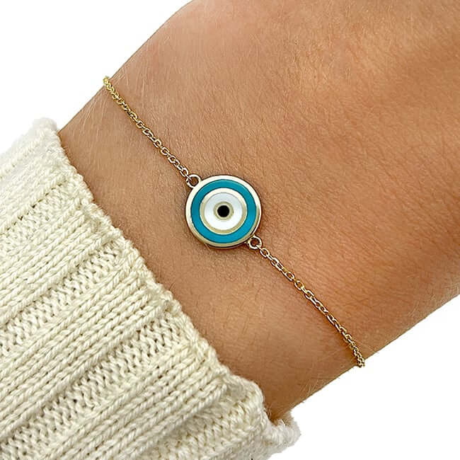 14K Yellow Gold Round Evil Eye Bracelet Pink Love Blue Serenity (Solid Links) 6.25" - 7" Adjustable - WJD Exclusives