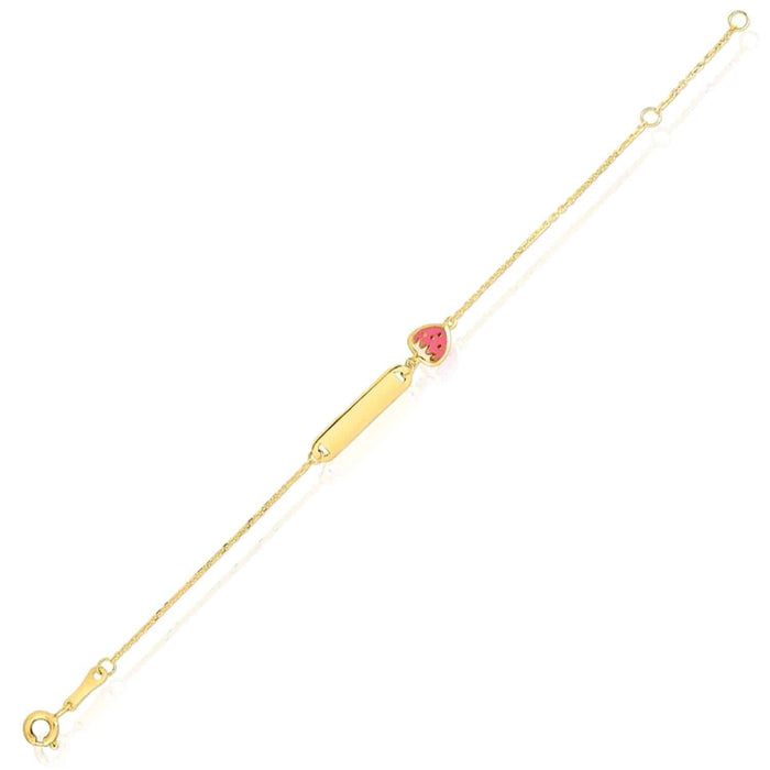 Kids 14K Yellow Gold Rainbow Swan Strawberry Engravable ID Bracelet (Solid Links) 4.75" - 5.5" - WJD Exclusives
