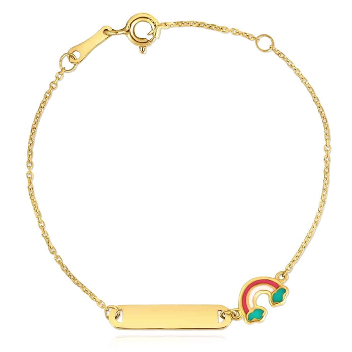 Kids 14K Yellow Gold Rainbow Swan Strawberry Engravable ID Bracelet (Solid Links) 4.75" - 5.5" - WJD Exclusives