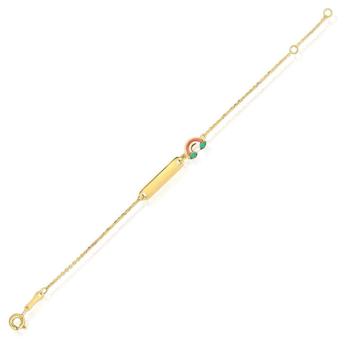 Kids 14K Yellow Gold Rainbow Swan Strawberry Engravable ID Bracelet (Solid Links) 4.75" - 5.5" - WJD Exclusives