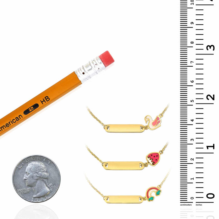 Kids 14K Yellow Gold Rainbow Swan Strawberry Engravable ID Bracelet (Solid Links) 4.75" - 5.5" - WJD Exclusives