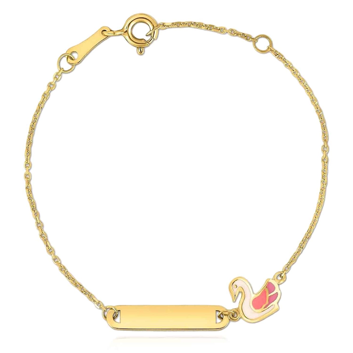 Kids 14K Real Gold Yellow Rainbow Swan Strawberry Engravable ID Bracelet 4.75"-5.5"