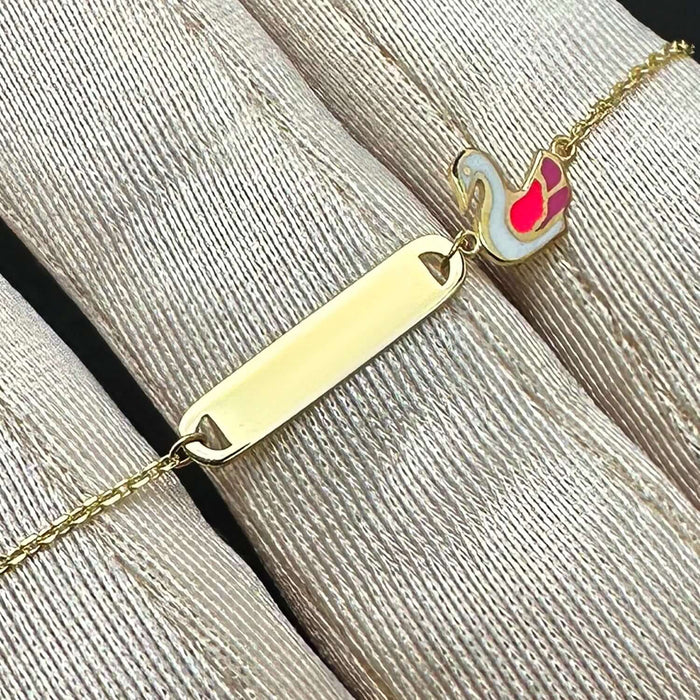 Kids 14K Yellow Gold Rainbow Swan Strawberry Engravable ID Bracelet (Solid Links) 4.75" - 5.5" - WJD Exclusives