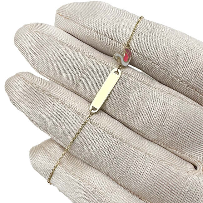 Kids 14K Yellow Gold Rainbow Swan Strawberry Engravable ID Bracelet (Solid Links) 4.75" - 5.5" - WJD Exclusives