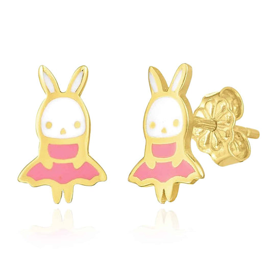 Kids 14K Real Gold Pink Dress Rabbit Earrings 10mm
