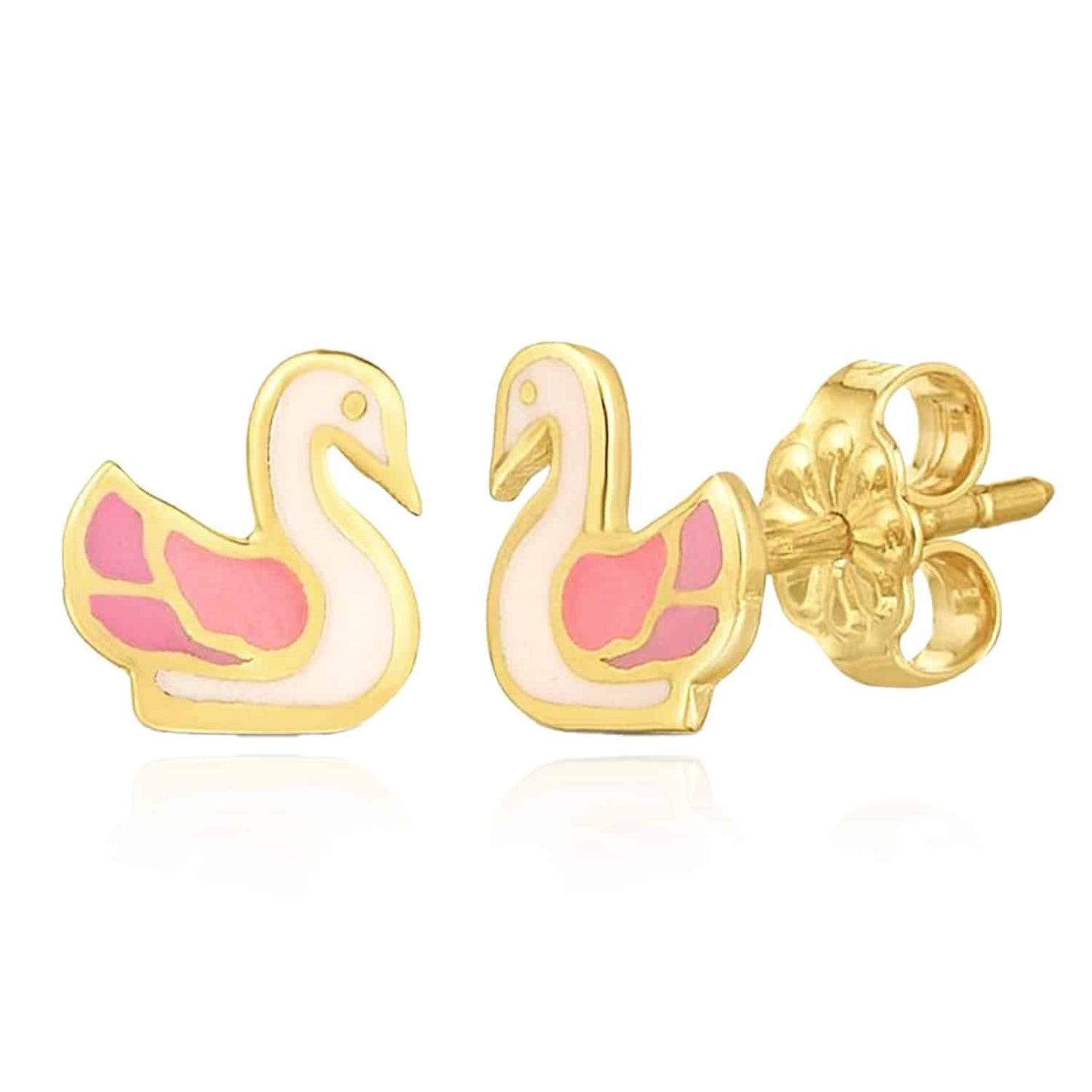 Kids 14K Real Gold Pink Wings Swan Push Back Stud Earrings 7mm
