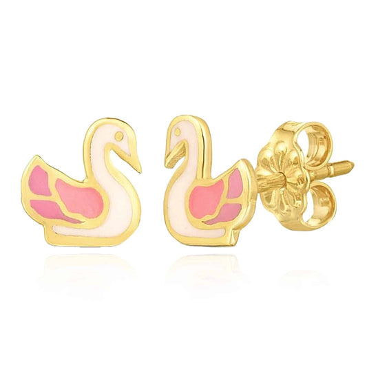 Kids 14K Real Gold Pink Wings Swan Push Back Stud Earrings 7mm