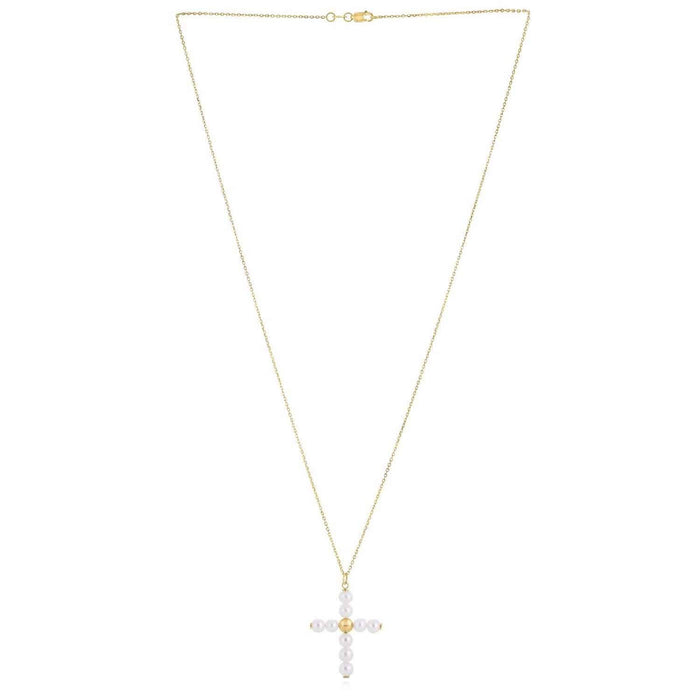 14K Gold Cultured Pearl Cross Pendant Cable Necklace 18" - WJD Exclusives