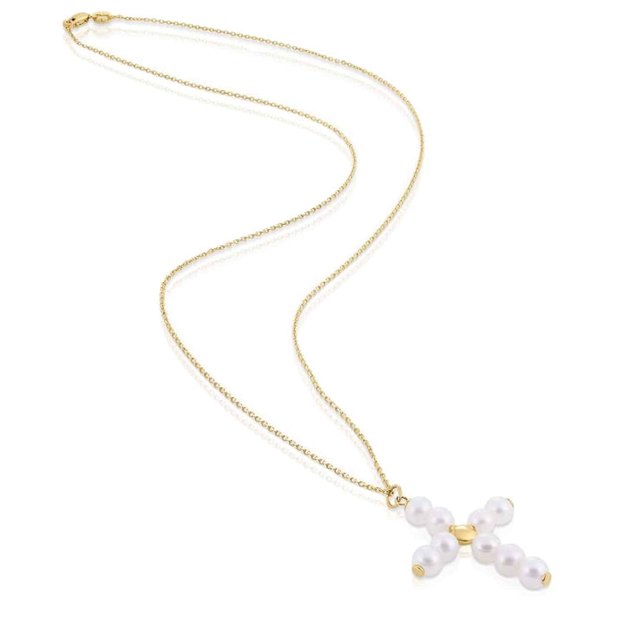 14K Gold Cultured Pearl Cross Pendant Cable Necklace 18" - WJD Exclusives