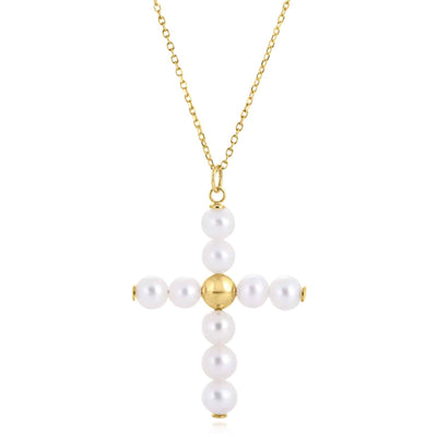 14K Gold Cultured Pearl Cross Pendant Cable Necklace 18" - WJD Exclusives
