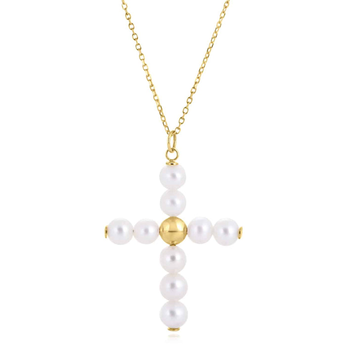 14K Gold Cultured Pearl Cross Pendant Cable Necklace 18" - WJD Exclusives