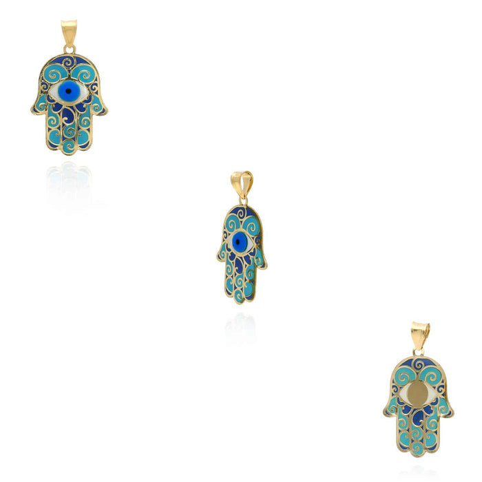 10K Yellow Gold Enamel Hamsa Hand Evil Eye Pendant 1.1" - WJD Exclusives