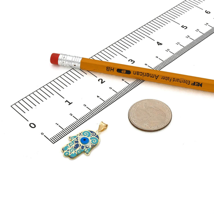 10K Yellow Gold Enamel Hamsa Hand Evil Eye Pendant 1.1" - WJD Exclusives