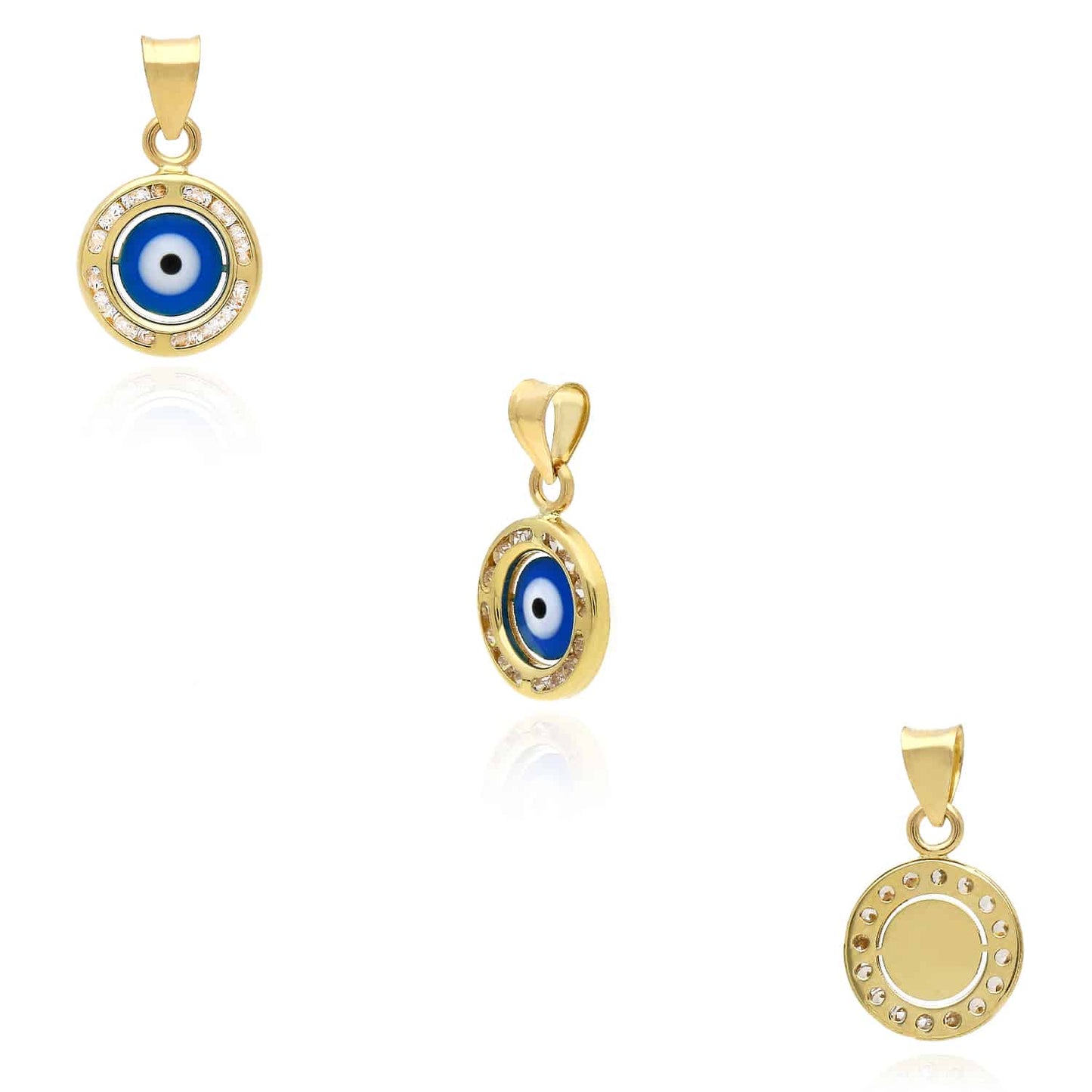 10K Real Gold CZ Round Evil Eye Pendant 0.8"