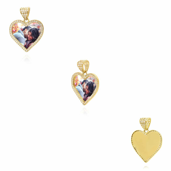 10K Yellow Gold CZ Memory Picture Heart Pendant 1.1" - 1.6" - WJD Exclusives