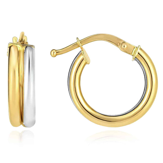14K Real Gold Two-Tone Yellow White Elegance Hoop Earrings 15mm