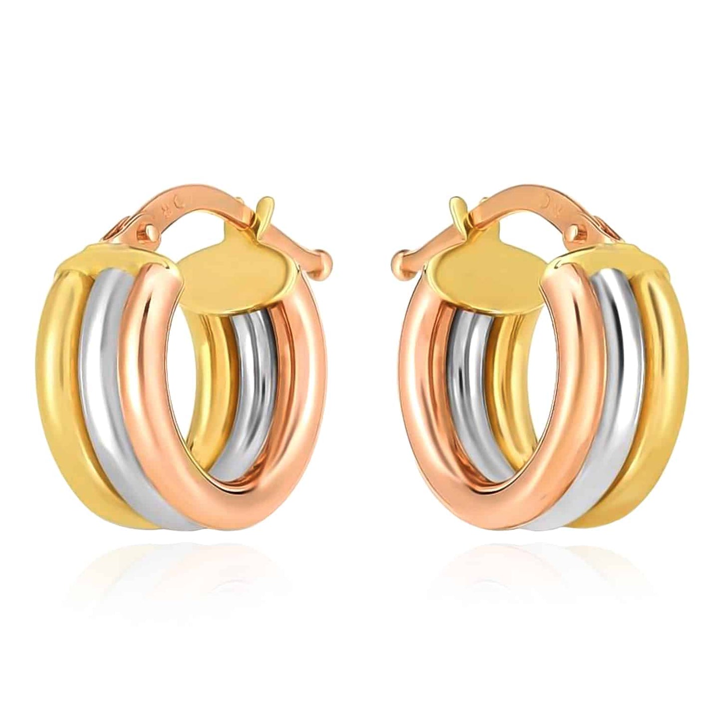 14K Real Gold Tri-Color Yellow White Rose Harmony Hoop Earrings 13.5mm