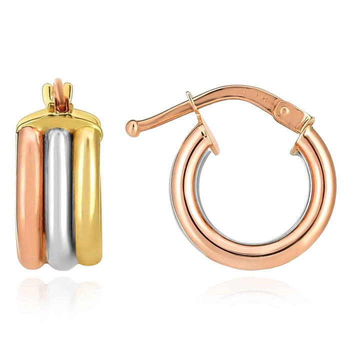 14K Gold Tri - Color Yellow White Rose Harmony Hoop Earrings 13.5mm - WJD Exclusives