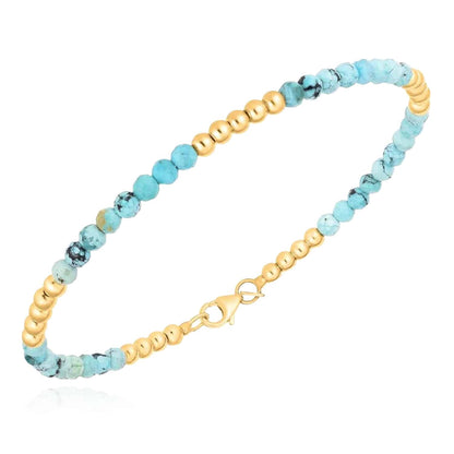 14K Real Gold Yellow Real Turquoise Beaded Bracelet 7"