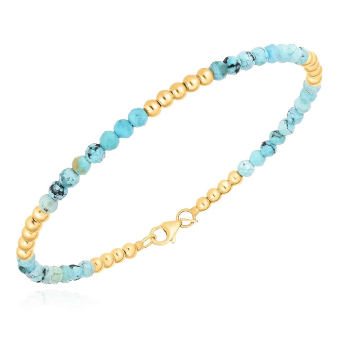 14K Yellow Gold Natural Turquoise Beaded Bracelet (Solid Links) 7" - WJD Exclusives