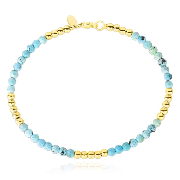 14K Yellow Gold Natural Turquoise Beaded Bracelet (Solid Links) 7" - WJD Exclusives