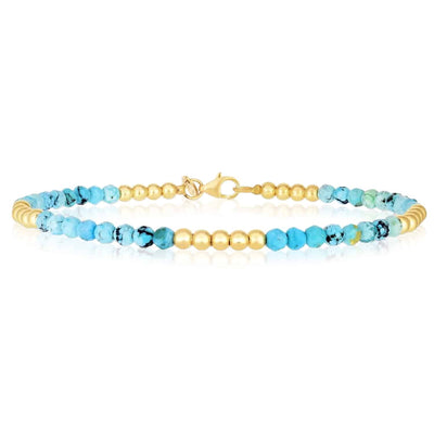14K Yellow Gold Natural Turquoise Beaded Bracelet (Solid Links) 7" - WJD Exclusives